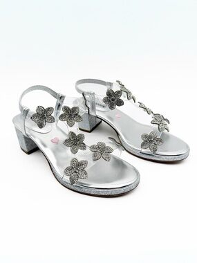 Steve Madden Girls JSavvy Glitter Flower Embellished Dress Sandals Silver 3 NEW